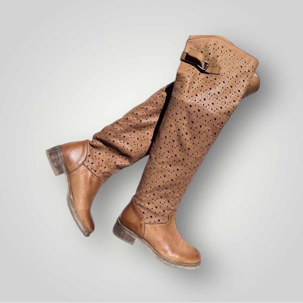 Vera Gomme tan laser cut over the knee boots